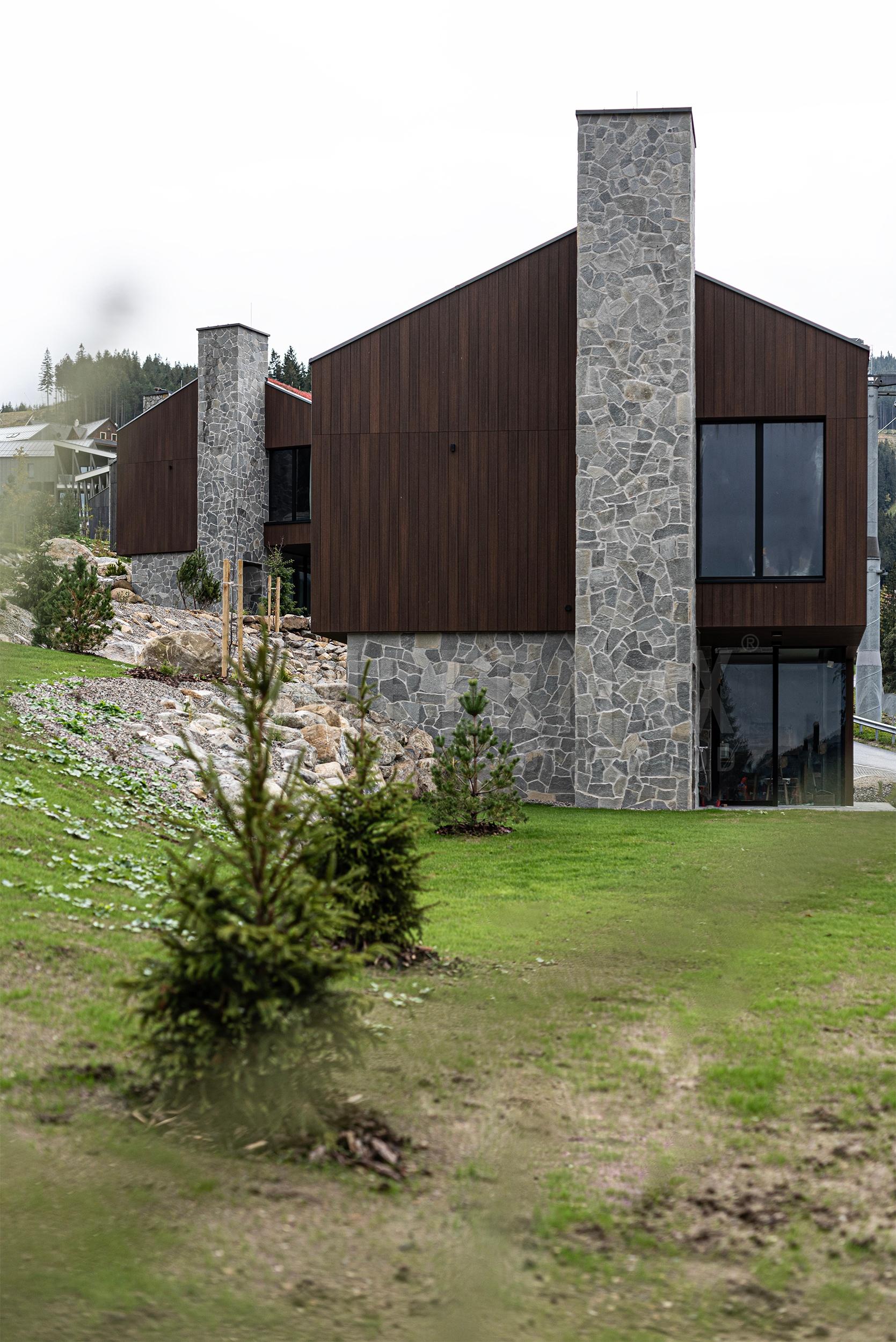 moderná architektúra domu s odvetranou fasádou imitácia dreva